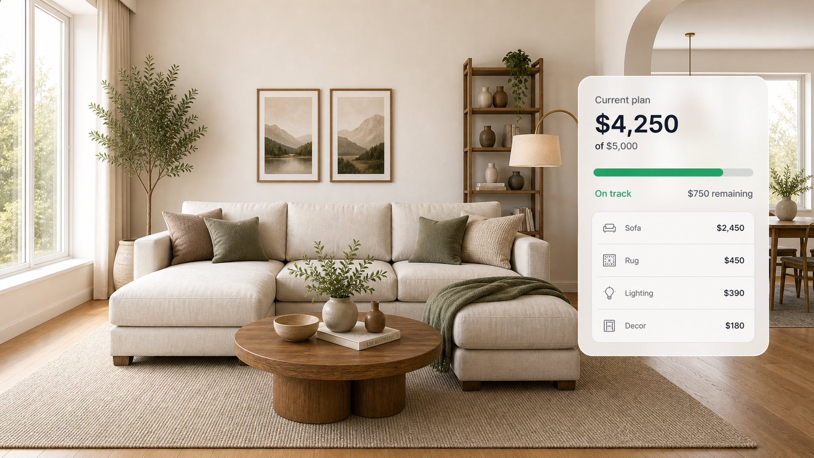 Living room design with a live budget panel showing the plan tracking at $4,250 of $5,000