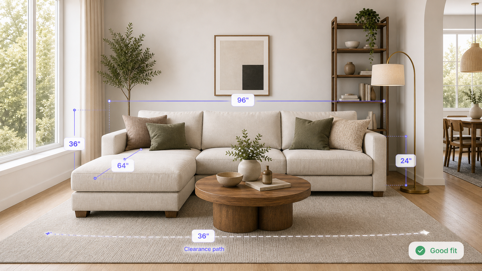 Cream sectional sofa with dimension and clearance guides confirming it fits the space