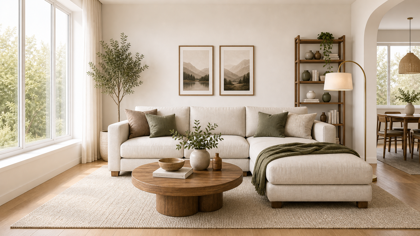 Warm modern living room template with a cream sectional and walnut coffee table