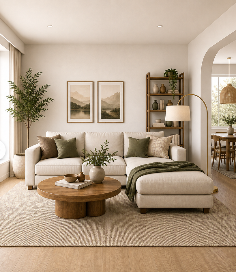 The same living room styled by Livinit with a cream sectional, walnut coffee table, and layered natural materials